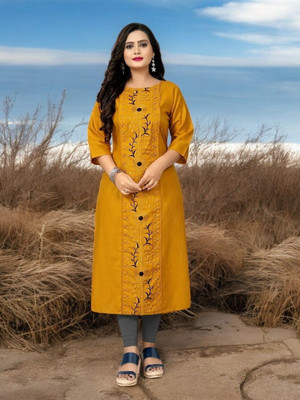 Ladylaz Women Embroidered Straight Kurta(Yellow)