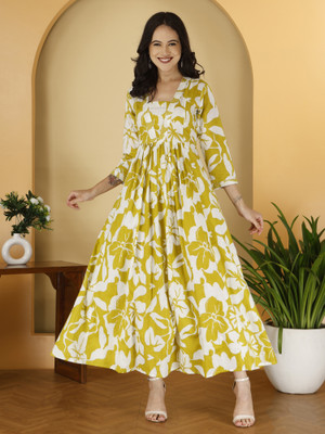 jbmart Women Printed Anarkali Kurta(Yellow)
