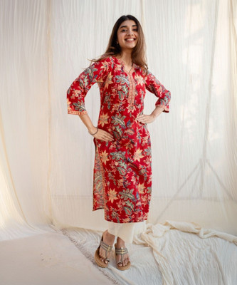 SANGOURI Women Floral Print Straight Kurta(Red)