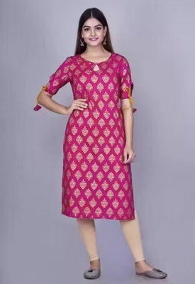 WishWorld Women Printed, Woven Design Straight Kurta(Pink)