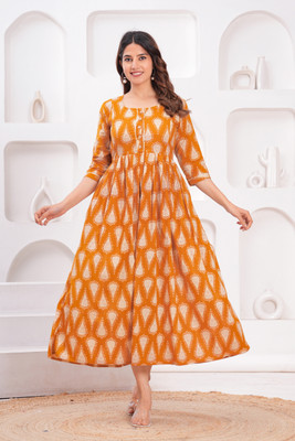 OnlineGallery Women Printed Gown Kurta(Yellow)