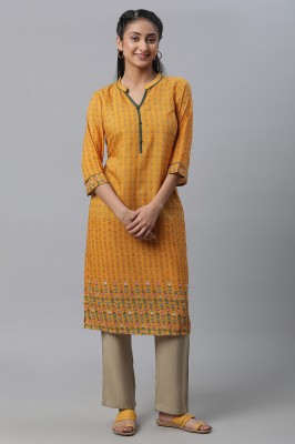 Aurelia Women Geometric Print Straight Kurta(Yellow, Dark Green)