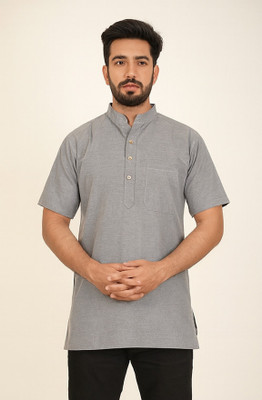 DEEPMAALA TEXTILES Men Self Design High Low Kurta(Grey)