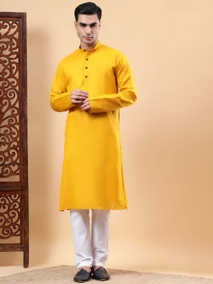 Yugnik Men Solid A-line Kurta(Yellow)
