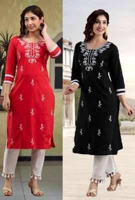 vikshi Women Chikan Embroidery Straight Kurta(Multicolor)