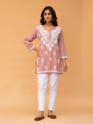 Moda Rapido Women Embroidered Straight Kurta(Orange)