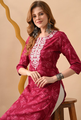 KJFAB Women Printed Straight Kurta(Maroon)