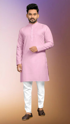M Biswas Men Solid A-line Kurta(Pink)