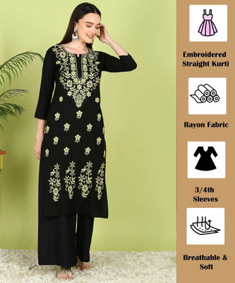 TOP N THREAD Women Chikan Embroidery, Floral Print, Embroidered A-line Kurta(Black)