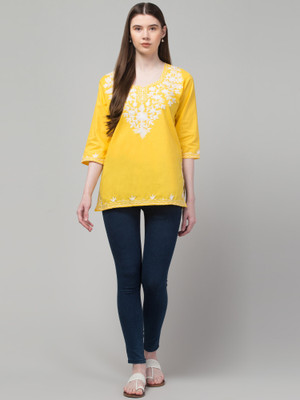CROWN KING GARMENTS Women Embroidered Straight Kurta(Yellow)