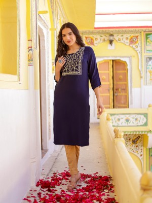 VASVI Women Solid, Embroidered Straight Kurta(Blue)