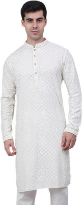 Princejanjrukiy Men Embroidered A-line Kurta(White)