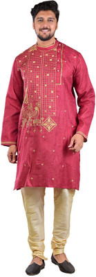Meilli Men Embroidered Straight Kurta(Red)