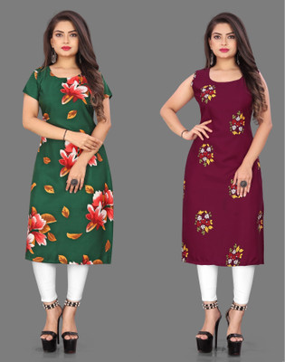 Hiral Creation Women Floral Print Straight Kurta(Green, Maroon)