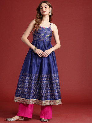 ANOUK Women Printed A-line Kurta(Blue)