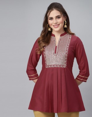 Selvia Casual Embroidered Women Maroon Top