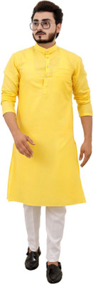 kanha creation Men Solid Straight Kurta(Yellow)