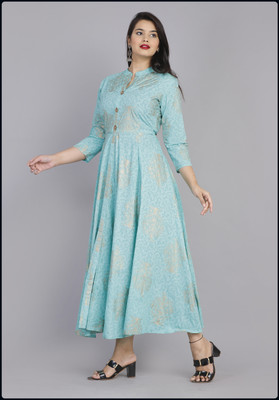 AnviTextile Women Printed Anarkali Kurta(Blue)