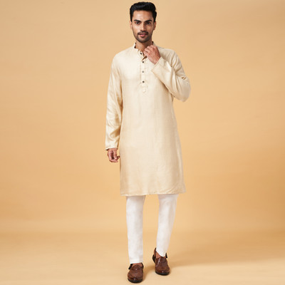 Indus Route by Pantaloons Men Self Design Straight Kurta(Beige)