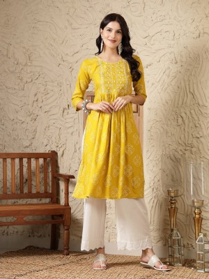 Stylum Women Bandhani, Embroidered A-line Kurta(Yellow)