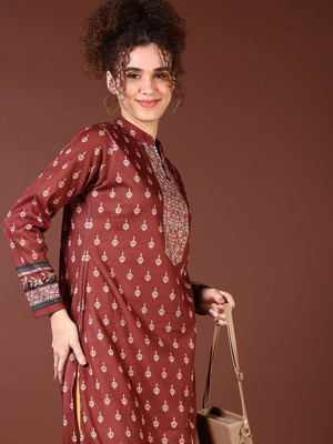V-MART Women Self Design A-line Kurta(Brown)