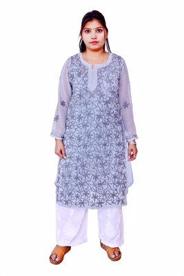 AHL Creation Women Chikan Embroidery Ethnic Dress Kurta(Grey)