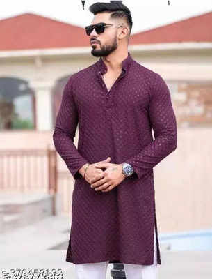 SONBAI Men Embroidered, Chikan Embroidery A-line Kurta(Purple)