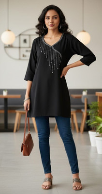 Shortkurti Women Embellished A-line Kurta(Black)