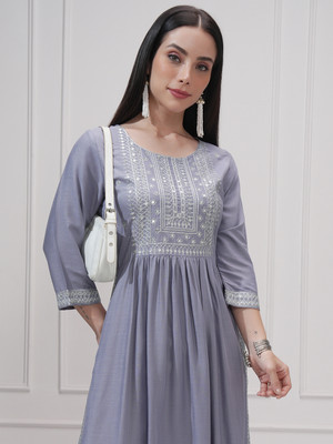 Vishudh Women Embroidered A-line Kurta(Purple)