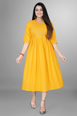 RANGRAIL Women Embroidered Anarkali Kurta(Yellow)