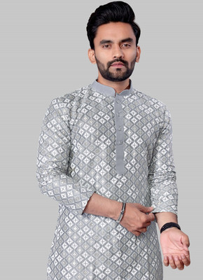 FOXDX Men Embroidered A-line Kurta(Grey)