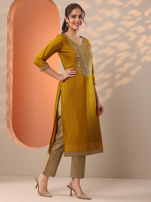 LIBAS Women Embroidered Straight Kurta(Yellow)