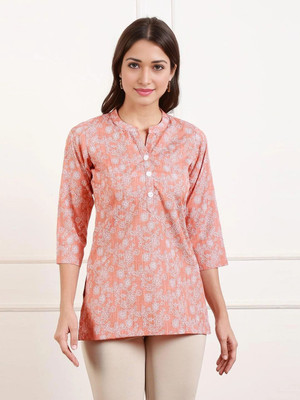 TRUE SHAPE Women Printed Straight Kurta(Orange)
