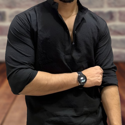 HouseOfCommon Men Self Design Straight Kurta(Black)