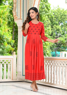 INDI INSIDE Women Block Print A-line Kurta(Red)