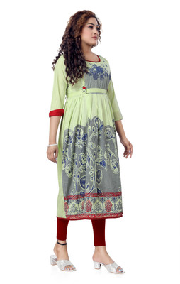 top by Fashion Women Block Print Anarkali Kurta(Light Green)