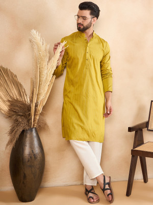 HERE&NOW Men Striped Straight Kurta(Yellow)