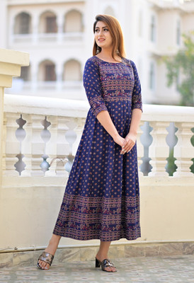 PRADHRUHE Women Printed Flared Kurta(Blue)