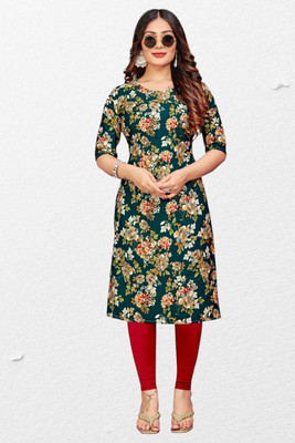 HouseOfCommon Women Floral Print Straight Kurta(Green)