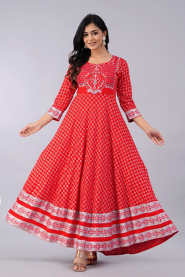 Well style Women Printed Anarkali Kurta(Red)