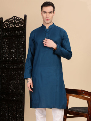 House of Pataudi Men Solid Straight Kurta(Blue)
