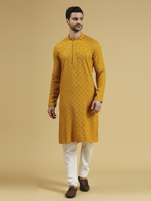 Rajubhai Hargovindas Men Embellished Straight Kurta(Gold)