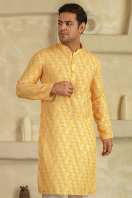LEMONX Men Printed Straight Kurta(Yellow)