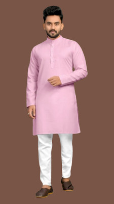 M Biswas Men Solid A-line Kurta(Pink)