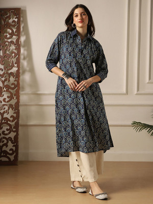 Globus Women Printed A-line Kurta(Blue, White)