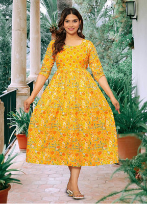 BQWOMEN Women Floral Print Flared Kurta(Multicolor)