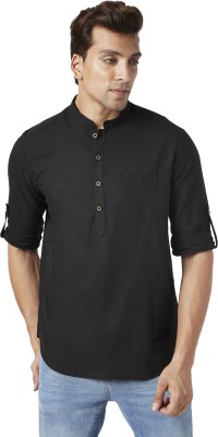 Indus Route by Pantaloons Men Solid Straight Kurta(Black)