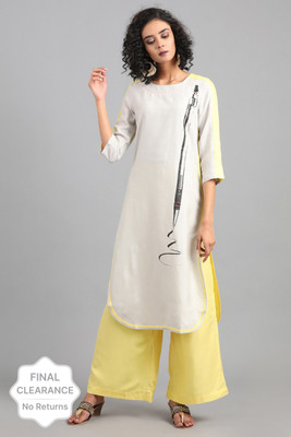 W Women Printed Straight Kurta(Grey)