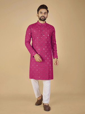 ORIFAB Men Embroidered Straight Kurta(Pink)