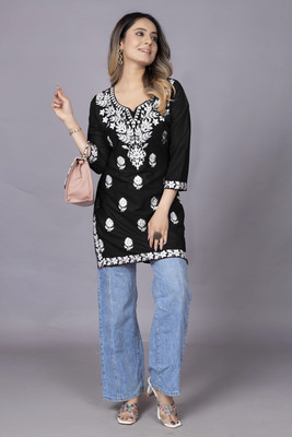 Bncollectionl Women Chikan Embroidery A-line Kurta(Black)